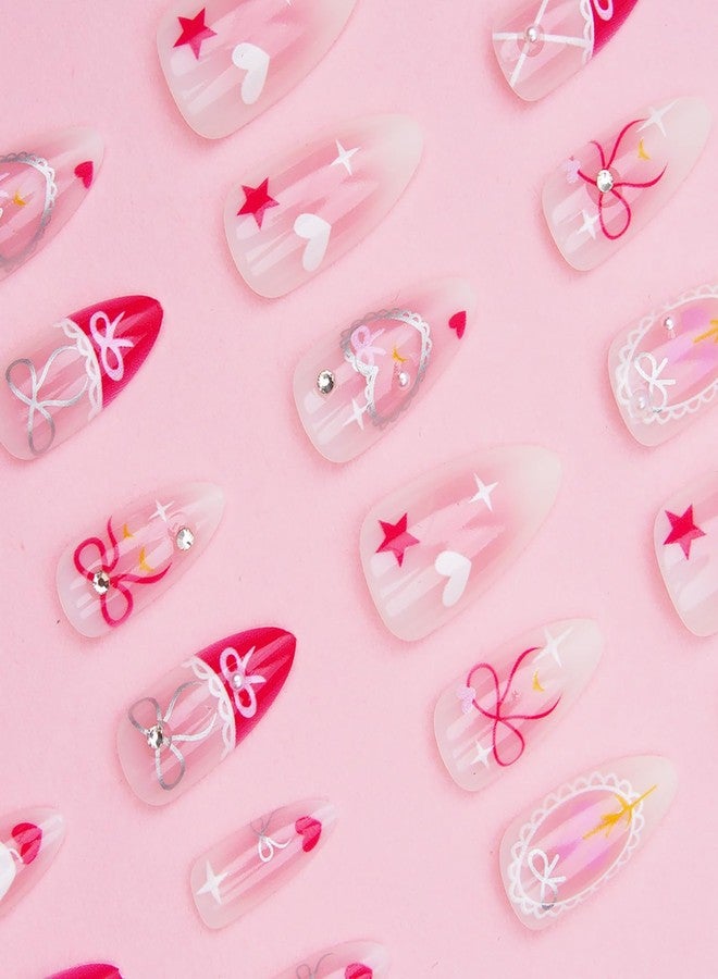 KKUUOO 24Pcs Pink Press on Nails, Almond Fake Nails with Love Bow Designs, Glossy False Nail, Full Cover Acrylic Stick on Nail for Women Nails Manicure Decoration - Image 2